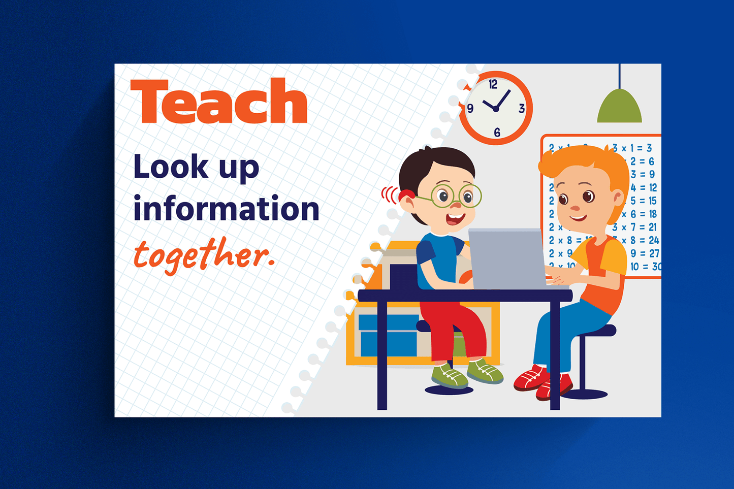 The educational poster titled "Teach: Look up information together." features an illustrated classroom scene where two students are working collaboratively at a desk with a laptop.