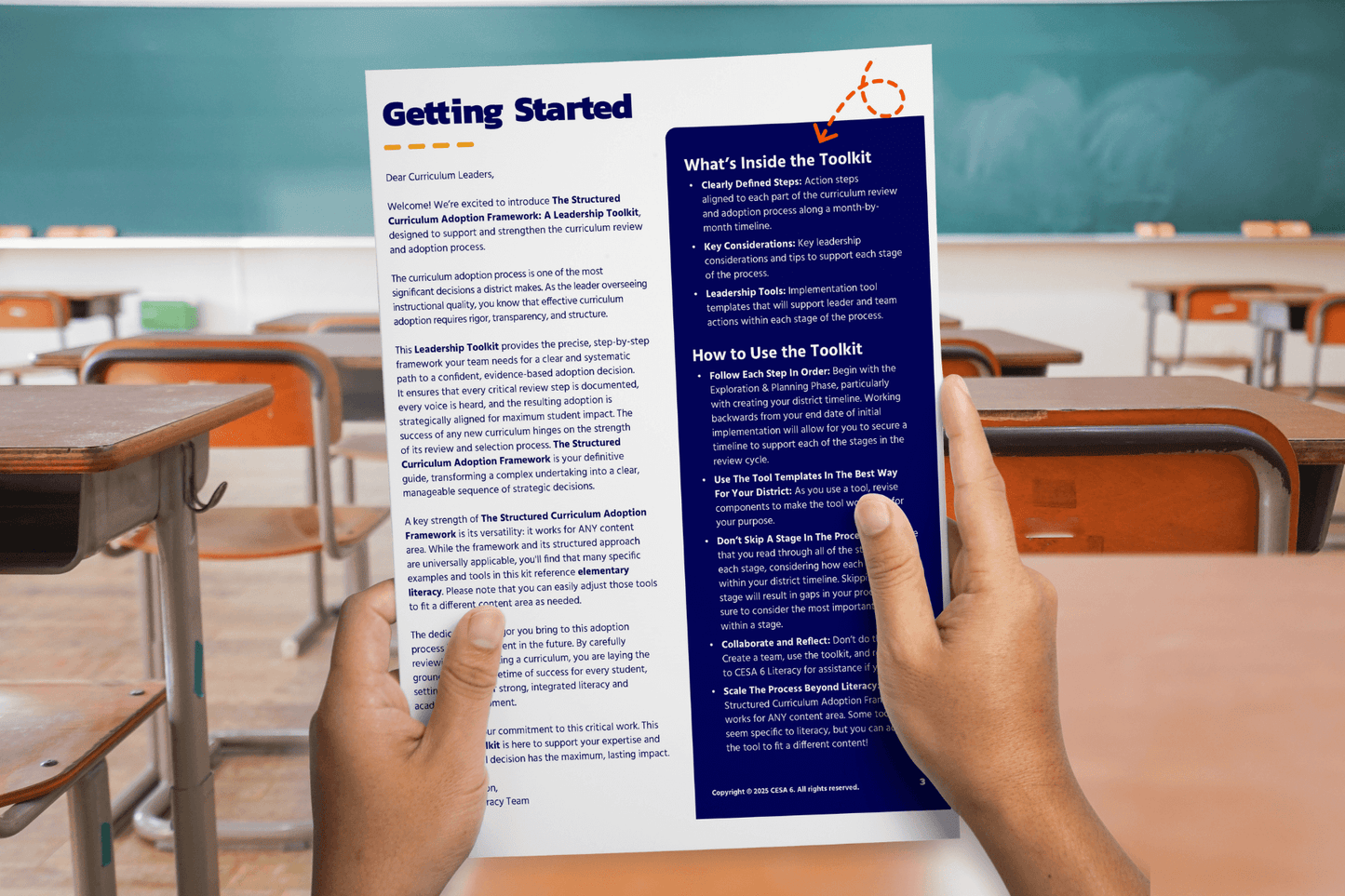 Hands holding a "Getting Started" pamphlet in a classroom, with wooden desks and a green chalkboard. The tone is educational and informative.