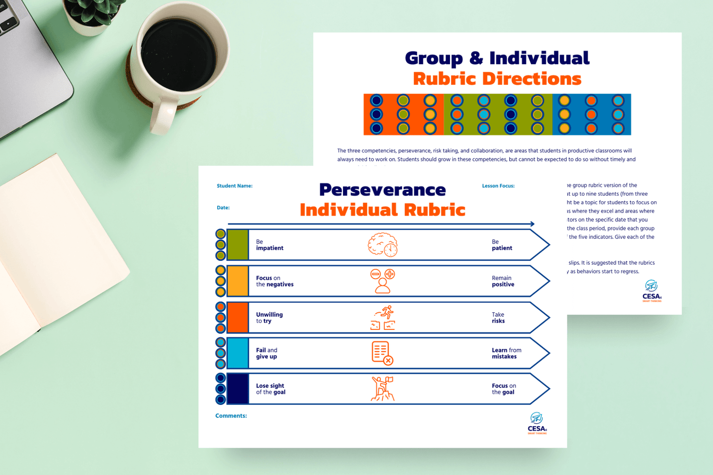 An educational rubric document designed for assessing perseverance in individual learning. The rubric includes five key indicators: patience, positivity, risk-taking, learning from mistakes, and goal focus. It uses a visual scale system with color-coded circles and icons to measure student engagement and self-regulation. The document provides both individual and group rubric directions for structured classroom assessment.