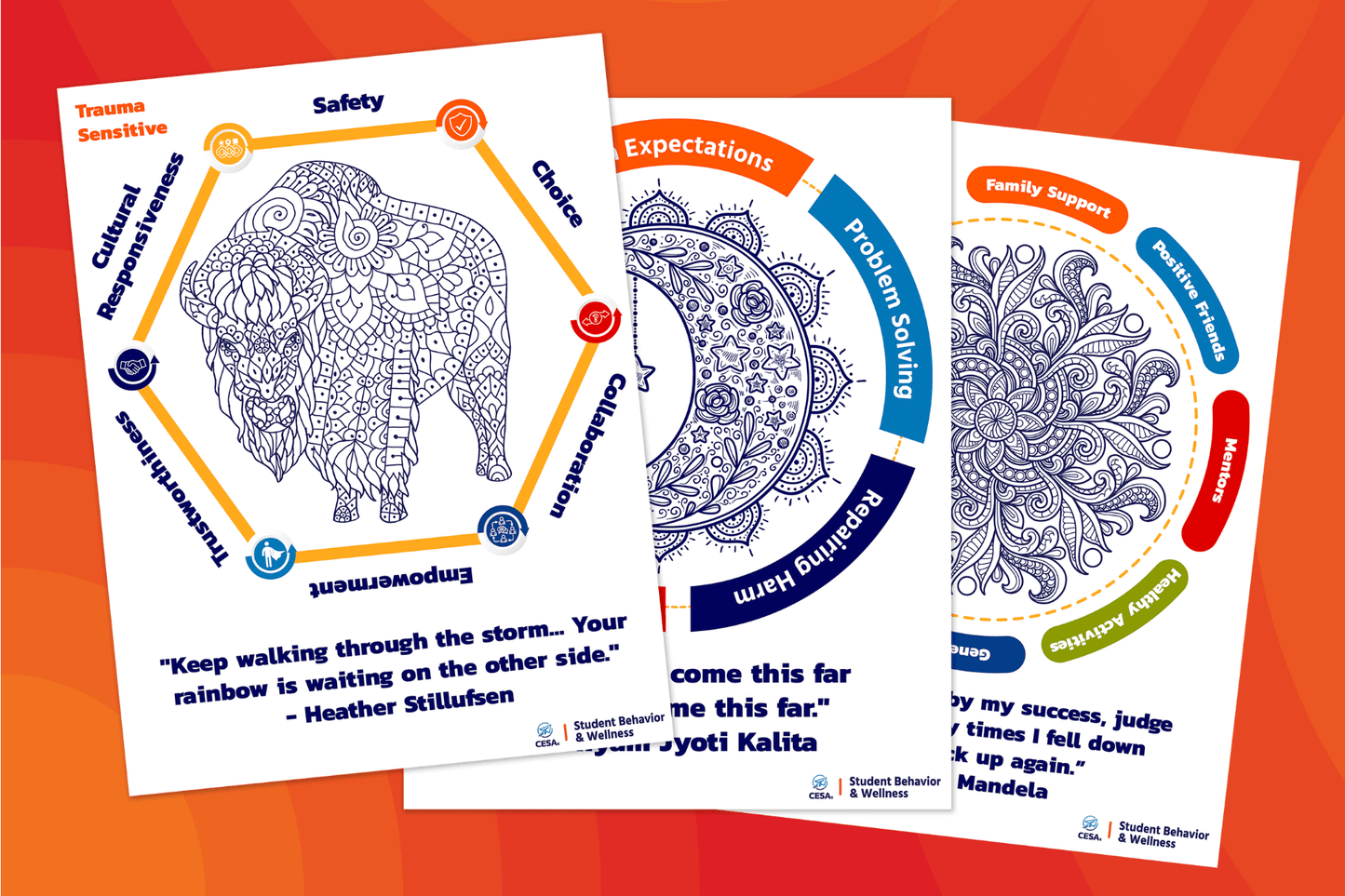 The image features three colorful posters laid out against an orange patterned background. Each poster contains a detailed, navy blue mandala-style drawing at the center, paired with wellness themes and motivational quotes. The top left poster shows a mandala-style bison at the center. Surrounding it is a hexagon with wellness values such as Safety, Choice, Collaboration, Empowerment, Trustworthiness, and Cultural Responsiveness. A inspirational quote is stated at the bottom of the page with the CESA 6 Logo