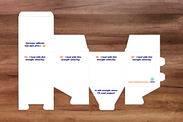 The image shows a flat, unassembled Your Strengths Box with labeled sections about leadership strengths and areas for support. Text states in different sections "#1 I lead with this strength when/by:," "#2 I lead with this strength when/by:," "#3 I lead with this strength when/by:," "#4 I lead with this strength when/by:," "5 I lead with this strength when/by:" white the CESA 6 logo, and "A soft strength where I'll need support"