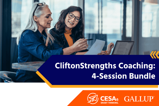 Two professional women engaged in a discussion, one holding a paper and gesturing while the other listens. The image promotes 'CliftonStrengths Coaching: 4-Session Bundle' with logos for CESA 6 and Gallup.