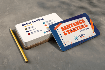Sentence starter cards for grades 6-12 featuring high-contrast text, clear fonts, and color-coded prompts to support diverse learning styles, cognitive accessibility, and inclusive classroom discussions.
