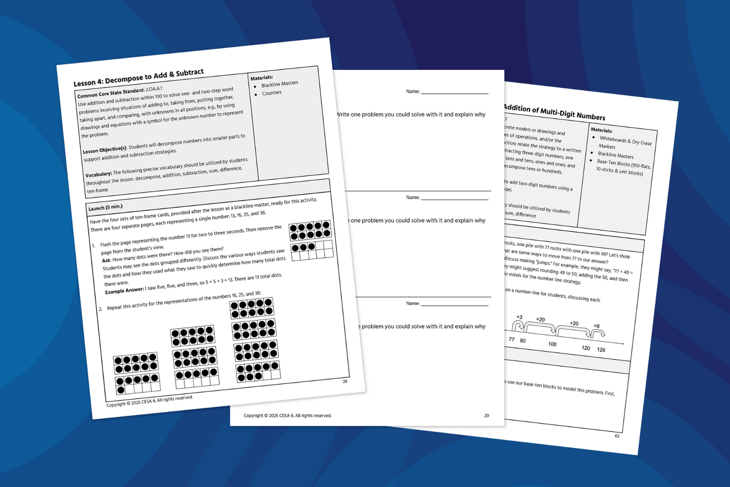 Three worksheets on math lessons are displayed against a blue, wavy background. They feature exercises on addition and subtraction with graphical elements.