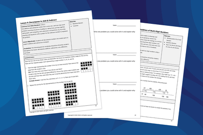 Three worksheets on math lessons are displayed against a blue, wavy background. They feature exercises on addition and subtraction with graphical elements.