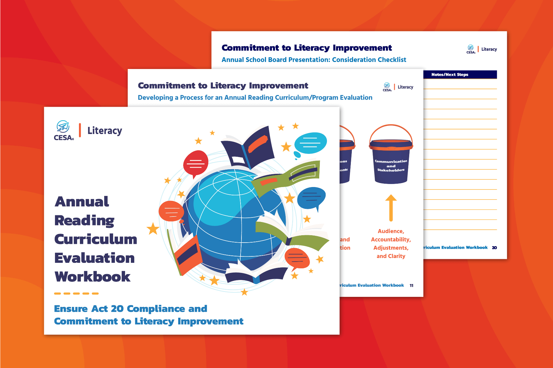 A promotional graphic features three overlapping pages from the Annual Reading Curriculum Evaluation Workbook by CESA 6 Literacy. The front cover prominently displays a blue globe with open books and colorful speech bubbles orbiting it. The title reads: “Annual Reading Curriculum Evaluation Workbook – Ensure Act 20 Compliance and Commitment to Literacy Improvement.”