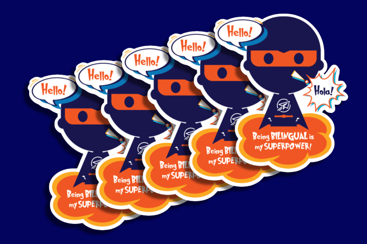 A set of five identical stickers features a superhero character with an orange mask and speech bubbles saying “Hello!” and “Hola!” The text at the bottom reads, “Being BILINGUAL is my SUPERPOWER!” with the CESA 6 logo displayed on the character’s chest.