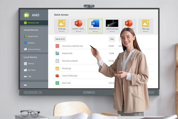 A teacher uses a stylus to interact with a BenQ interactive display, showing file options like images and documents. The teacher is smiling and pointing at the screen.