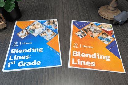 Two printed educational booklets from CESA 6 are displayed on a dark wood table. The booklet on the left has a blue cover with the title “Blending Lines: 1st Grade” and features photos of educators and children in learning settings. The booklet on the right has an orange cover titled “Blending Lines” and includes similar photo elements. The Buffalo Stress Reliever is visible in the upper-right corner next to a wooden globe base.
