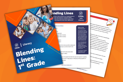 Three pages from the CESA 6 “Blending Lines: 1st Grade” literacy resource are displayed against an orange background. The front cover features the CESA 6 logo and images of educators and young students engaged in learning. The inner pages include phonics lesson strategies, small group instruction tips, and a “How to Use This Resource” sidebar. One corner of the top page shows a “Note to Teachers” section with a pencil graphic.