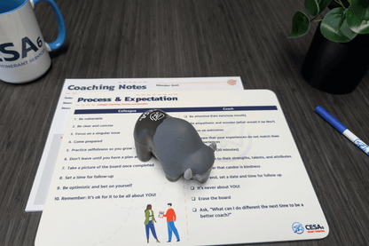 A buffalo-shaped stress reliever featuring the CESA 6 logo sits on top of a coaching notes sheet labeled “Process & Expectation” on a dark wood desk. The sheet lists steps for both colleagues and coaches to follow during coaching sessions. A white CESA 6 coffee mug, a blue and white dry-erase marker, and a black planter with green leaves are also visible. 