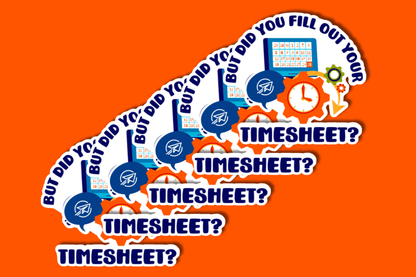 A series of fun, identical stickers are stacked diagonally on a bright orange background. Each sticker features the bold question “BUT DID YOU FILL OUT YOUR TIMESHEET?” in dark blue text. The design includes a calendar on a screen, a gear with a clock inside, a green cog, and a navy blue speech bubble with the CESA 6 logo. 
