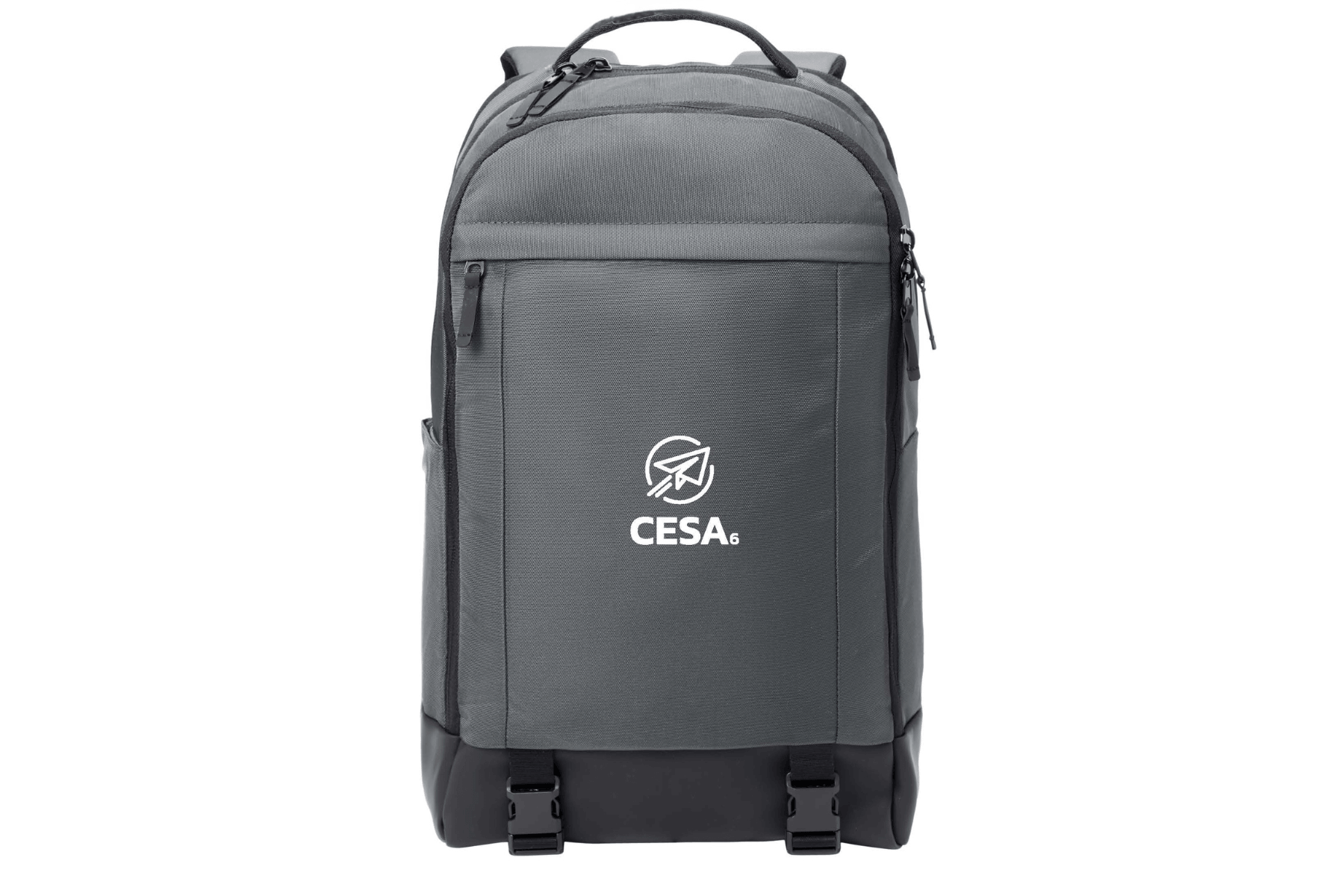 A grey backpack with a black base and straps is shown against a white background. It features a front zippered pocket with a logo that includes the CESA 6 Logo.