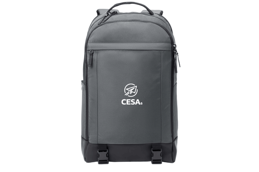A grey backpack with a black base and straps is shown against a white background. It features a front zippered pocket with a logo that includes the CESA 6 Logo.