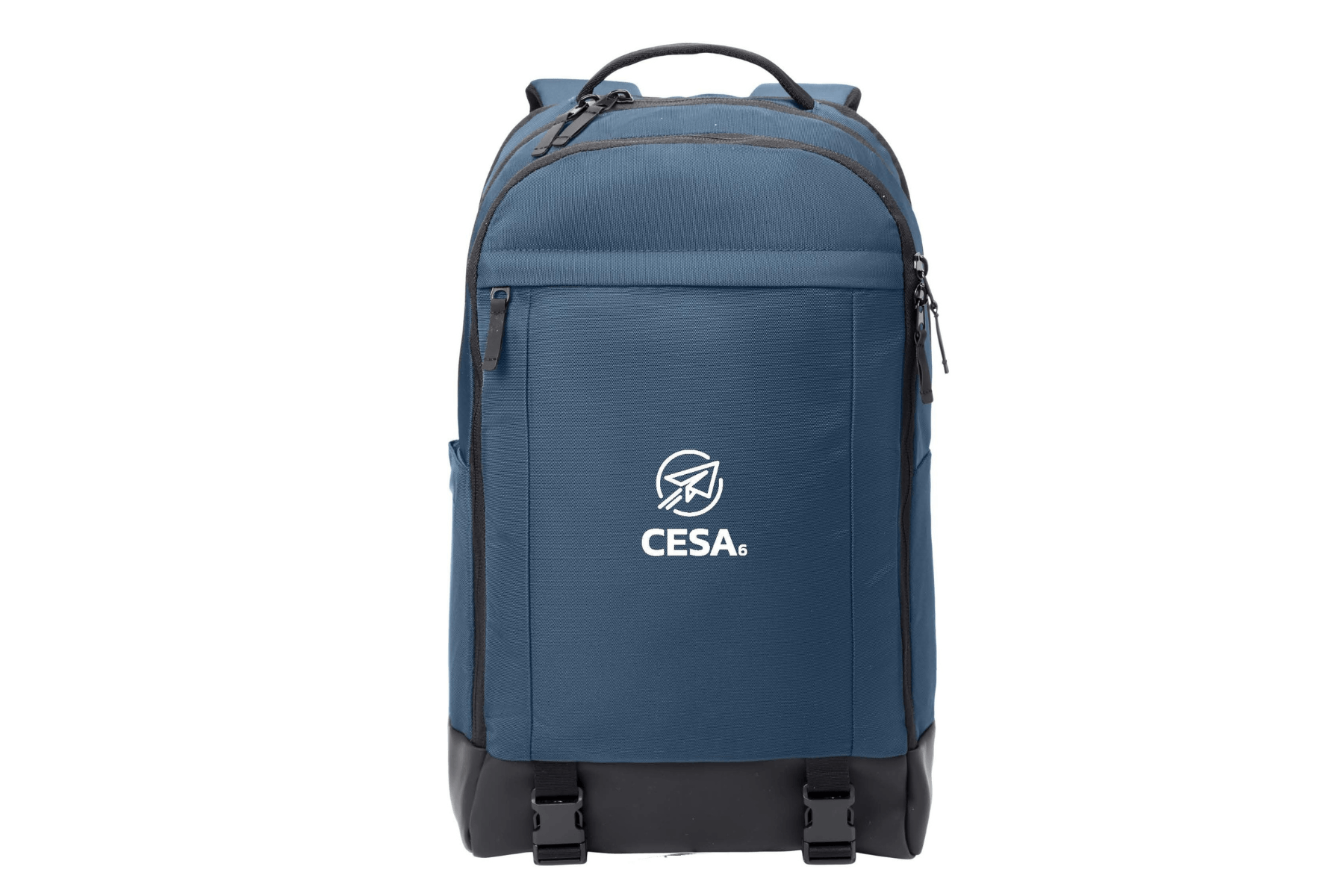 A blue backpack with a black base and straps is shown against a white background. It features a front zippered pocket with a logo that includes the CESA 6 Logo. 
