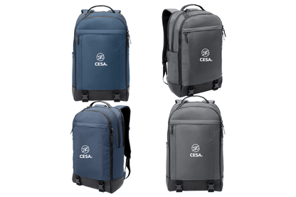 Four sleek backpacks are displayed: two gray and two navy blue. Each has a CESA logo, black trim, and a modern, sturdy design.