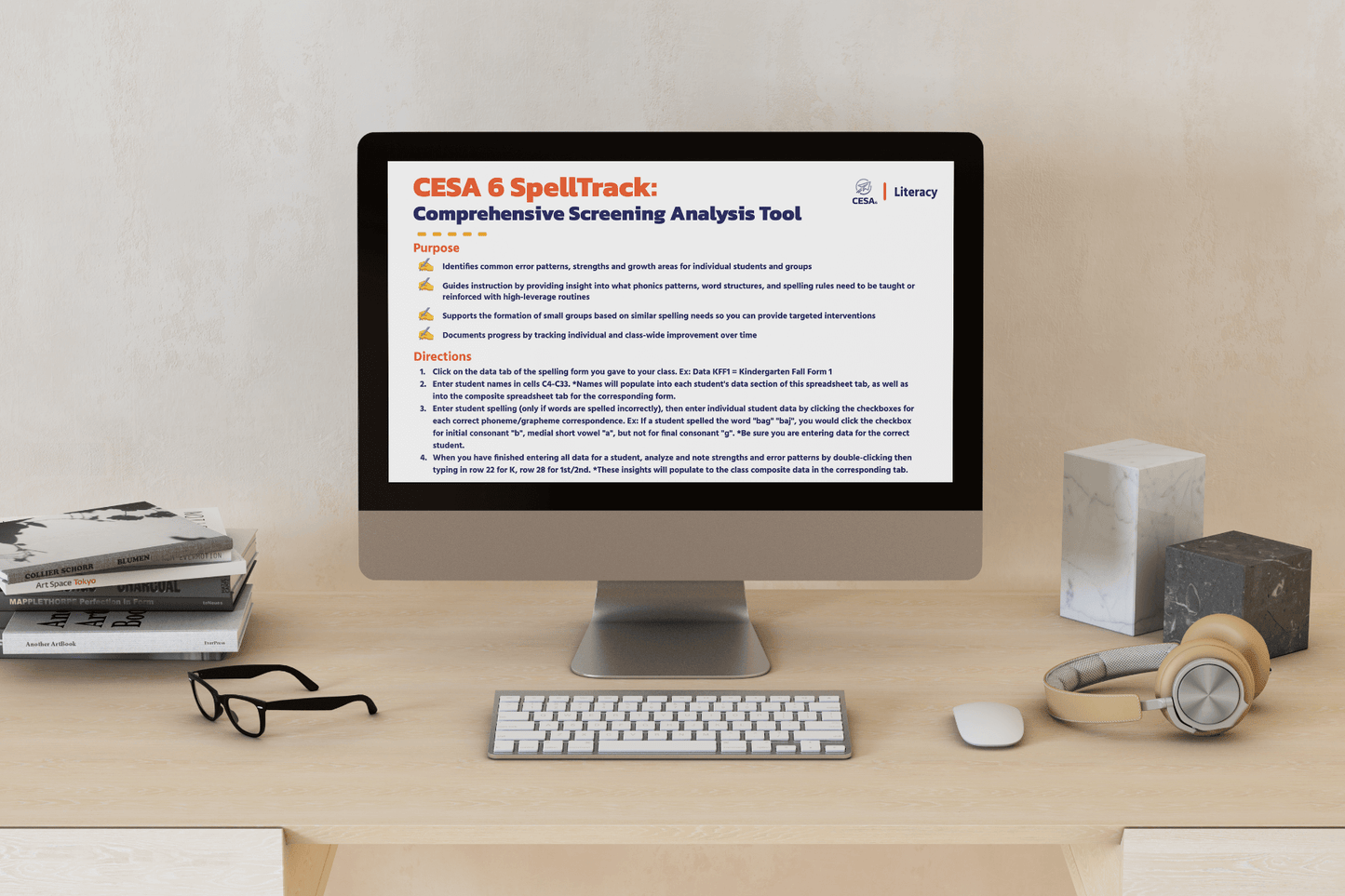 Computer screen displaying the 'CESA 6 SpellTrack: Comprehensive Screening Analysis Tool' with high-contrast text, clear fonts, and structured content for accessibility. The organized workspace includes elements like glasses and headphones.