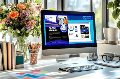 A bright workspace with a computer displaying a vibrant flyer titled "Padre Reunión." Nearby, colorful flowers, pencils, and glasses create an inviting atmosphere.
