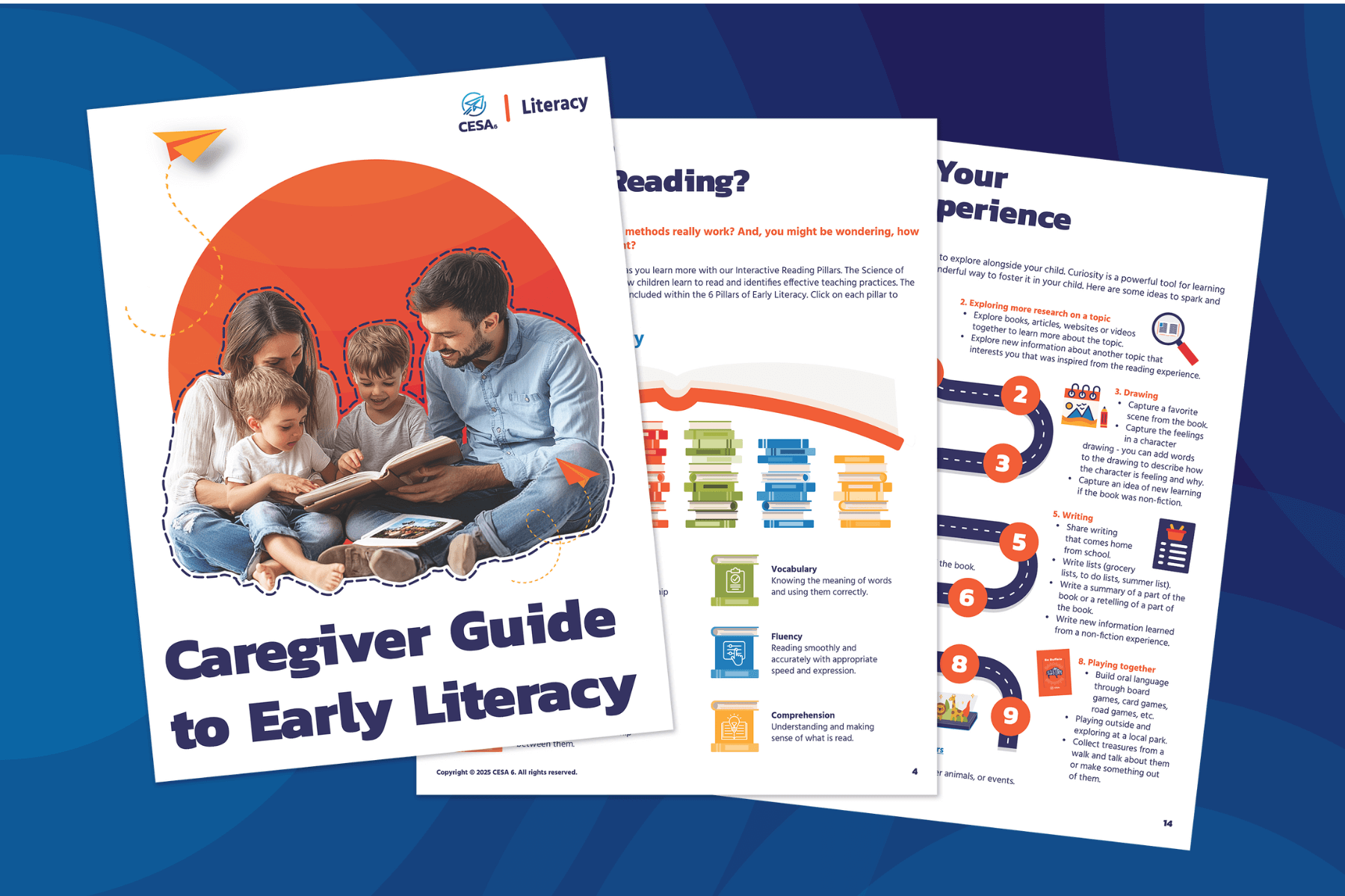 Caregiver Guide to Early Literacy booklet, featuring high-contrast text, clear fonts, and engaging visuals. The cover includes an image of a diverse family reading together, while the inside pages provide structured literacy strategies with icons, color coding, and accessible design elements to support inclusive learning.