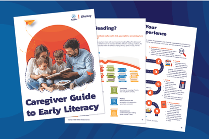 Caregiver Guide to Early Literacy booklet, featuring high-contrast text, clear fonts, and engaging visuals. The cover includes an image of a diverse family reading together, while the inside pages provide structured literacy strategies with icons, color coding, and accessible design elements to support inclusive learning.