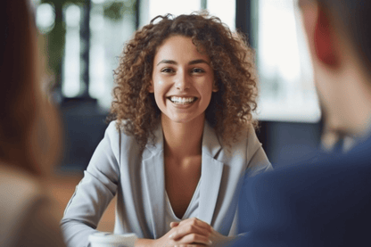 A smiling confident individual in a light blazer sits at a table with hands folded, engaged in a conversation with others.