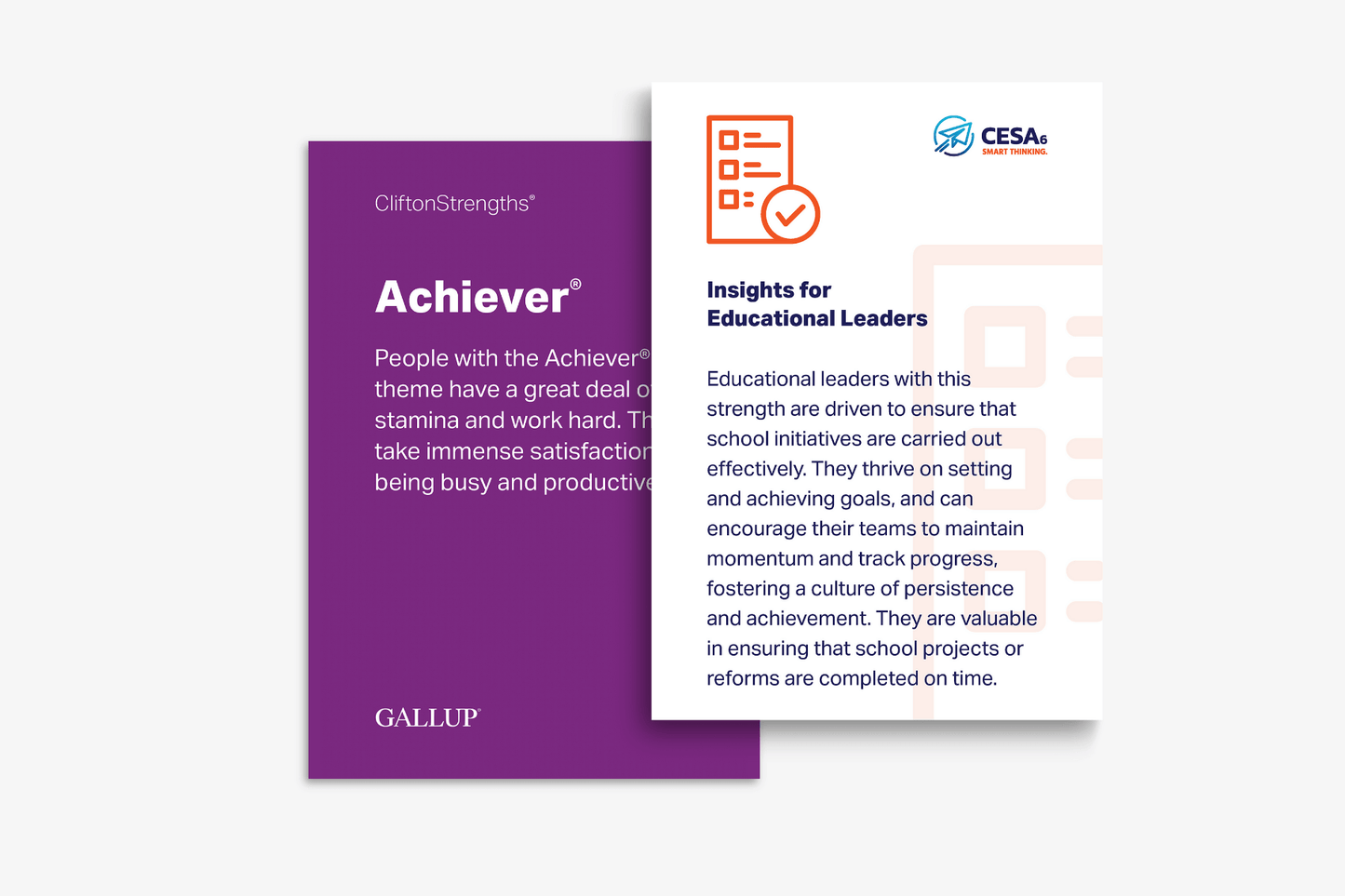 Front and Back of the CliftonStrengths® theme "Achiever®" card. The cards are co-branded with Gallup and CESA 6. This purple Executing card gives a definition and insights for Educational Leaders.