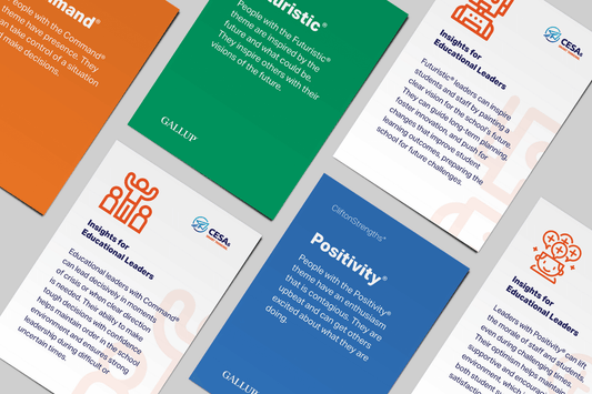 A layout of Gallup CliftonStrengths® and CESA 6 cards, each highlighting a different leadership strength theme and its application for educational leaders. Shown is Command® (orange), Futuristic® (green), and Positivity® (blue). Each card combines Gallup’s strengths language with tailored insights for educators, paired with icons and branding from both Gallup and CESA 6.