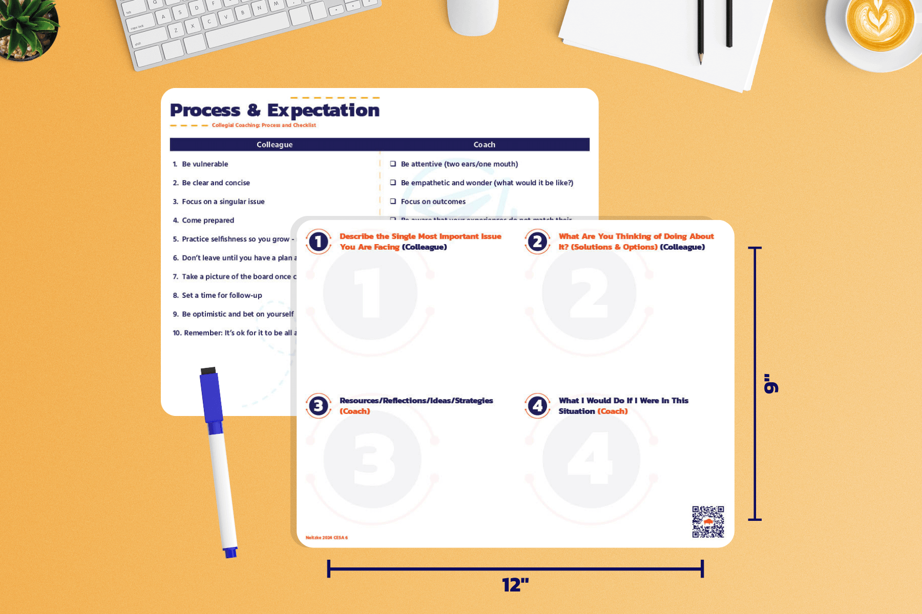 A coaching whiteboard with a "Process & Expectation" checklist for colleagues and coaches, featuring sections for discussing key issues, solutions, and strategies. The board includes a QR code to the Smart Thinking Podcast and is accompanied by a pen, keyboard, and coffee cup on an orange background. 