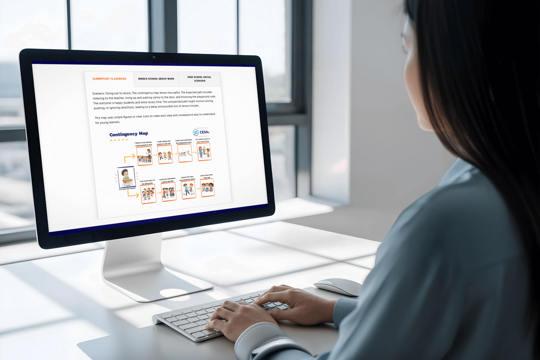 A person in an office setting is looking at a computer screen displaying a contingency map. 