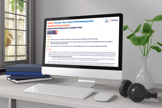 A desktop computer on a white desk displays an educational tool for kindergarten diagnostics. Nearby are books, headphones, and a small plant, creating a calm study environment.