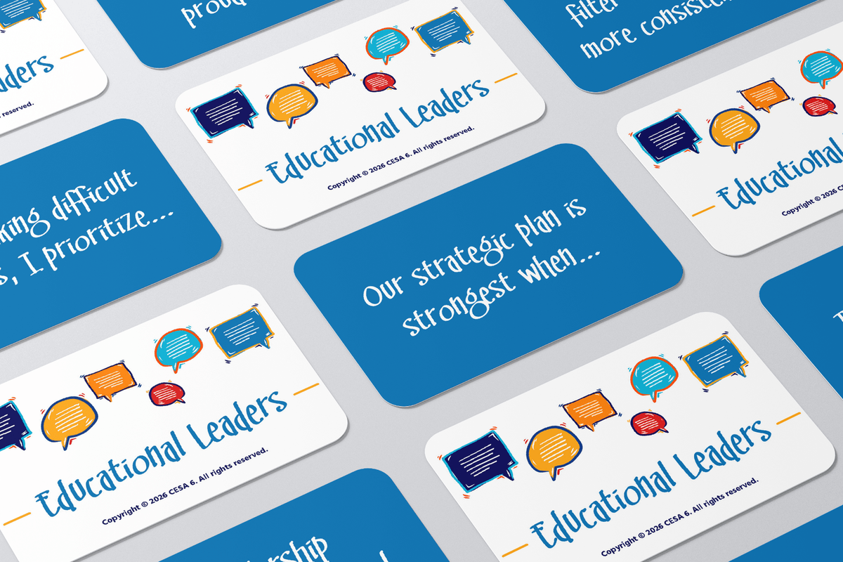 Angled cards repeat “Educational Leaders” and “Our strategic plan to strengthen when…,” with colorful speech bubbles in a professional blue-and-white design.