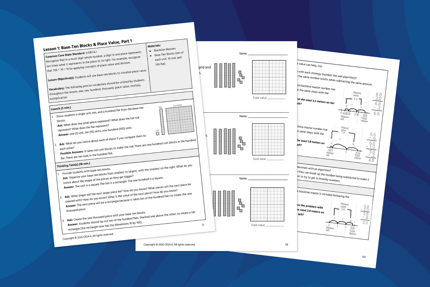 Educational worksheets with math exercises featuring base-ten blocks and place value charts on a blue background. Worksheets detail lesson objectives and visual math problems.