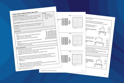 Educational worksheets with math exercises featuring base-ten blocks and place value charts on a blue background. Worksheets detail lesson objectives and visual math problems.