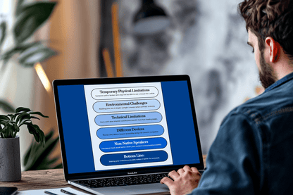A man in a denim shirt views a laptop displaying accessibility information, listing challenges like physical limitations and technical issues on a blue background.