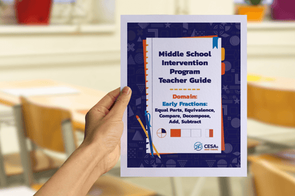 A hand holds a booklet titled “Middle School Intervention Program Teacher Guide – Domain: Early Fractions: Equal Parts, Equivalence, Compare, Decompose, Add, Subtract.” The cover features a blue patterned border with orange and blue accents. Simple fraction graphics, including a circle divided into fourths and shaded bar models, are displayed at the bottom. The CESA 6 logo is shown in the lower corner. The blurred background shows a classroom with wooden chairs, tables, and colorful plant pots.