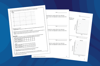 Three math worksheet pages are spread out on a blue background. The pages include coordinate grids, tables, and word problems related to linear functions. One page shows a plotted graph with points forming a straight line, another features a bike rental graph labeled “Total Cost (in Dollars)” versus “Hours,” and others contain tables and prompts for identifying patterns and relationships.