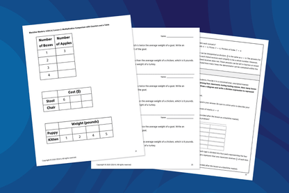 Three printed math workbook pages are displayed against a blue background. The left page shows tables for practicing multiplicative comparisons with numbers of apples, costs of stools and chairs, and weights of puppies and kittens. The center page includes word problems with blank spaces for student responses. The right page presents additional math problems, diagrams, and instructional prompts.