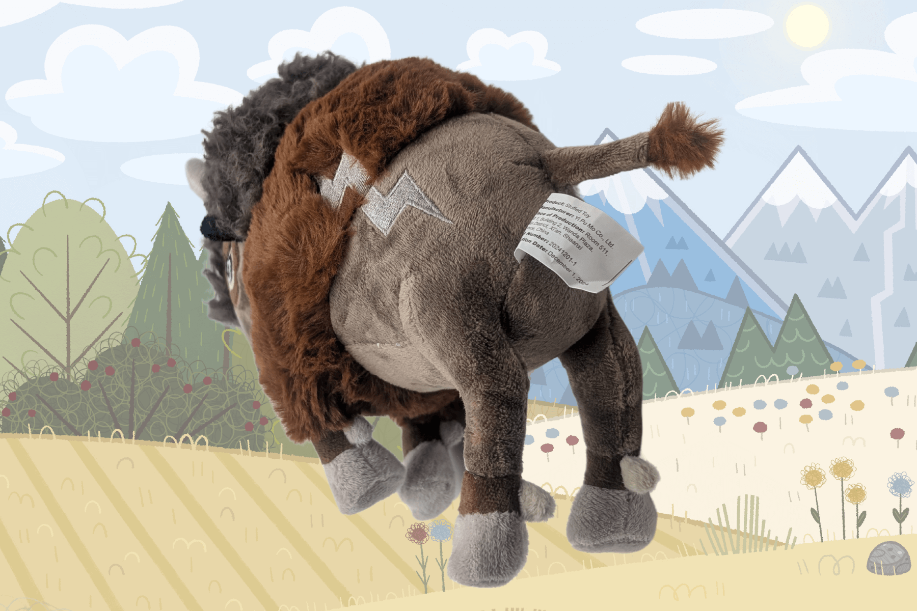 This image shows the back view of a plush buffalo toy named Duke, set against a softly illustrated mountain meadow with trees, flowers, and mountains in the background. The plush features textured brown and gray fur, with a fluffy tail and curly mane visible from behind. A zigzag lightning bolt patch is stitched on Duke’s side, and a white manufacturing tag is attached near the tail.
