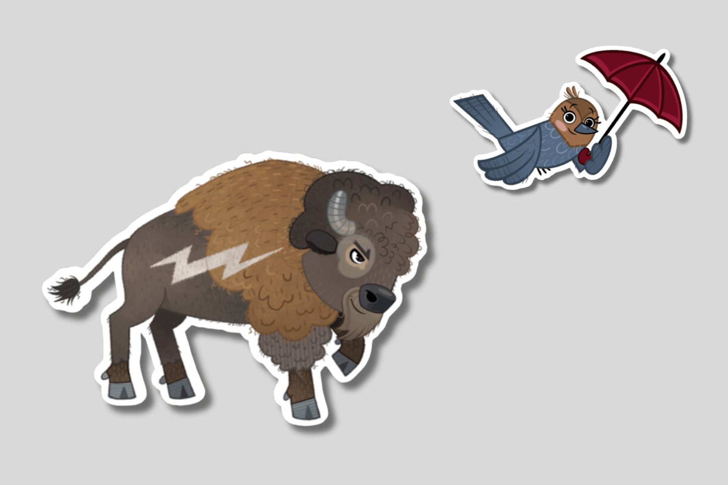 Two illustrated animal character stickers are displayed. One features Duke, a determined-looking bison with a lightning bolt symbol on its side, standing firmly with a strong stance. The other sticker showcases Tootsie, a bird wearing a suit and red bowtie, holding a red umbrella, appearing to be flying or floating mid-air with an expression of confidence.