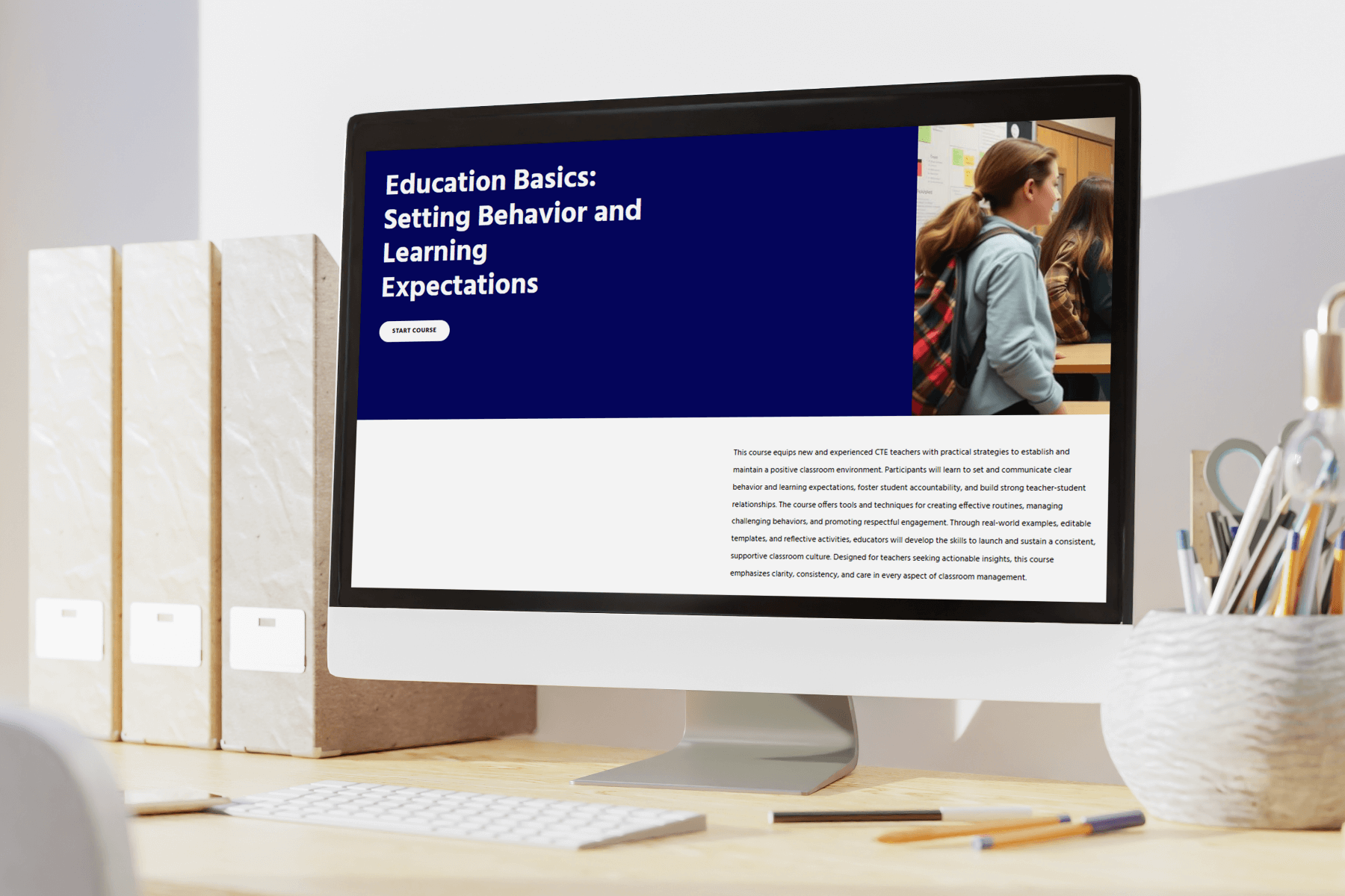 Computer screen showing an education website titled "Education Basics: Setting Behavior and Learning Expectations." A student appears on the right.