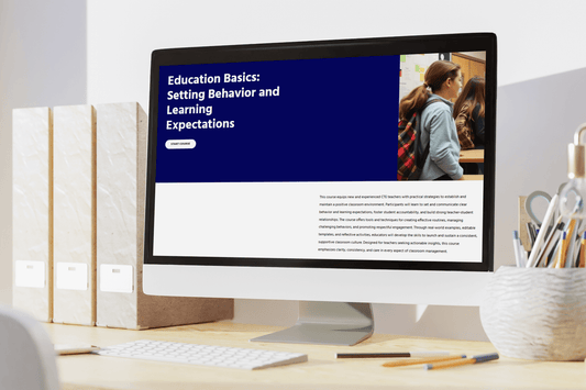 Computer screen showing an education website titled "Education Basics: Setting Behavior and Learning Expectations." A student appears on the right.