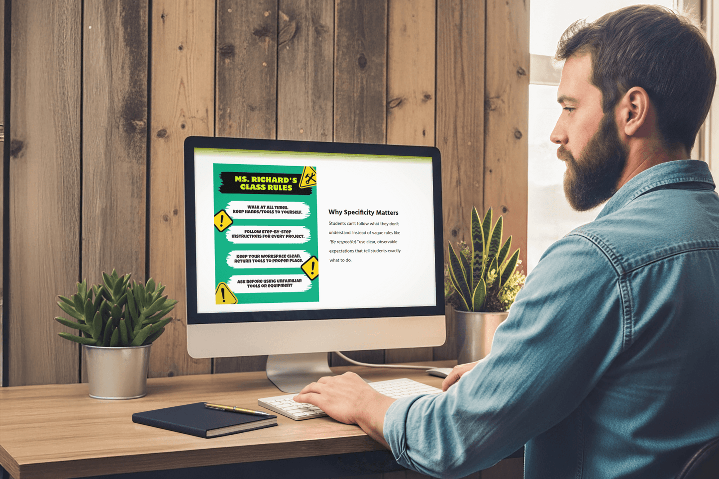 Man seated at a desk, viewing a computer screen displaying class rules and text reads "Why Specificity Matters." Desk plants and stationery add a cozy, focused atmosphere.