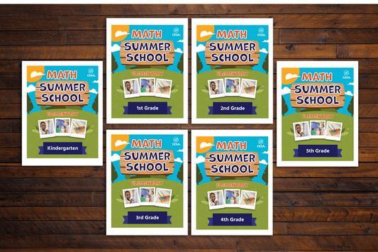 Six "Math Summer School" printout covers for Kindergarten to 5th grade on a wooden background. Each cover features grade-level photos and colorful design elements.