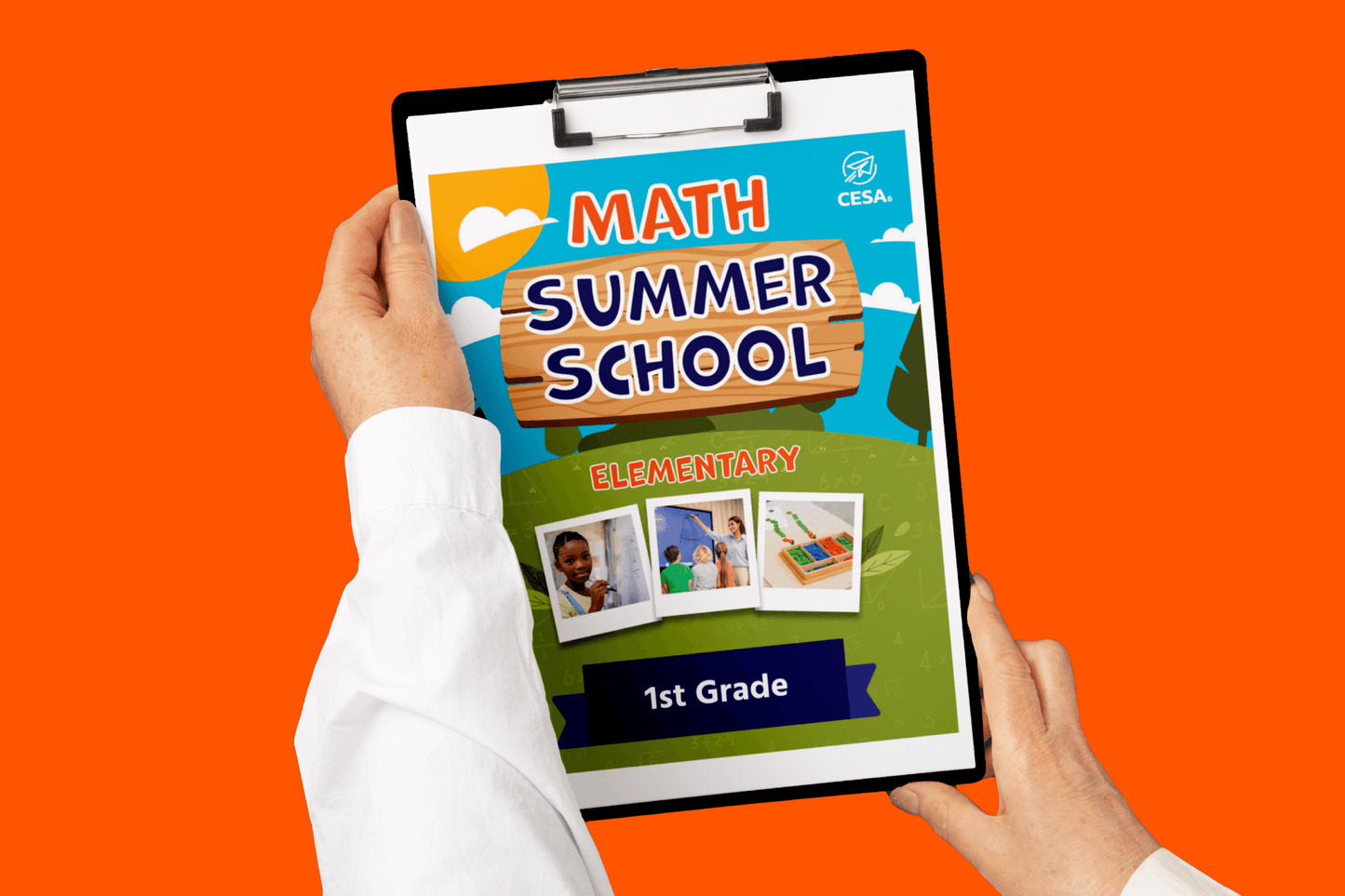 A person holds a colorful print for a "Math Summer School" program. The design includes text for elementary 1st grade and cheerful visuals of students.