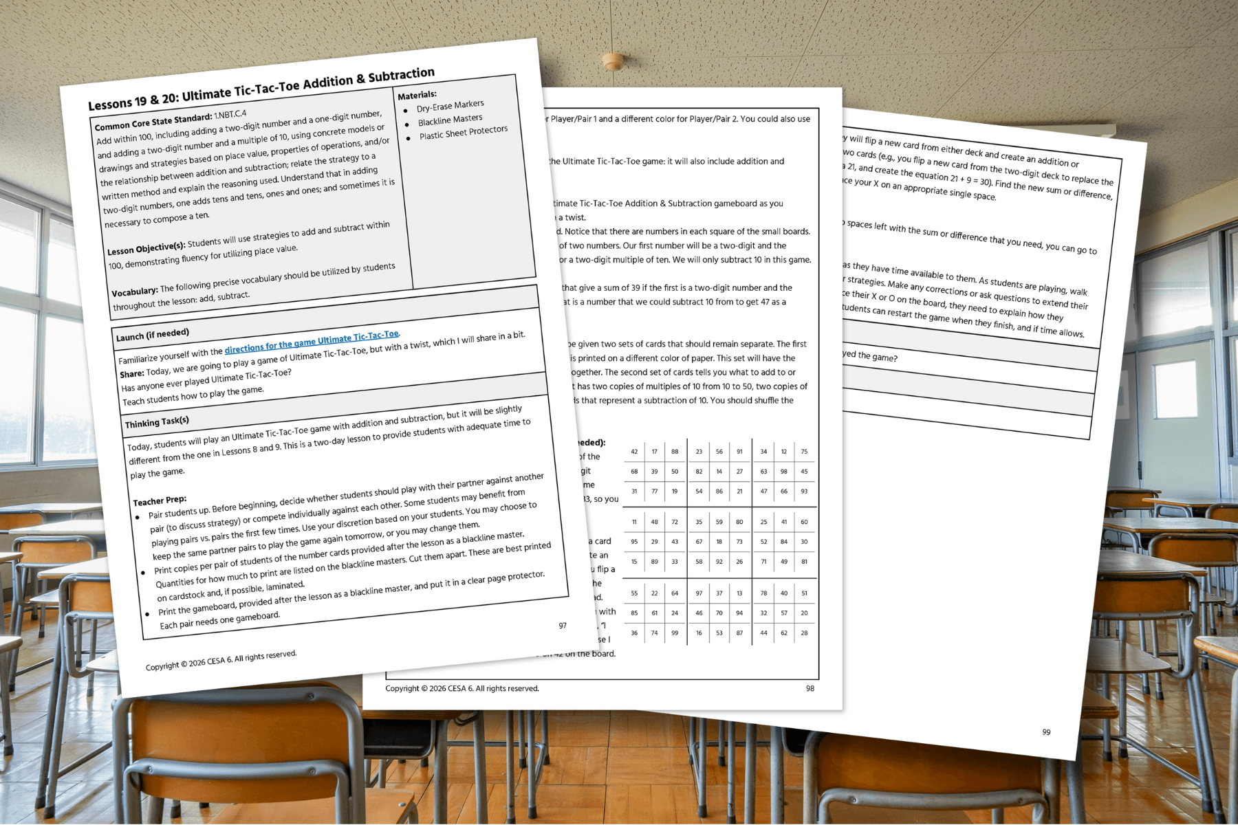 Three pages of a math lesson plan titled "Ultimate Tic-Tac-Toe Addition & Subtraction" overlay an empty classroom with wooden desks and large windows.