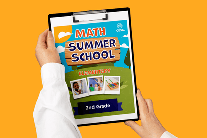 A person holds a colorful print for a "Math Summer School" program. The design includes text for elementary 2nd grade and cheerful visuals of students.