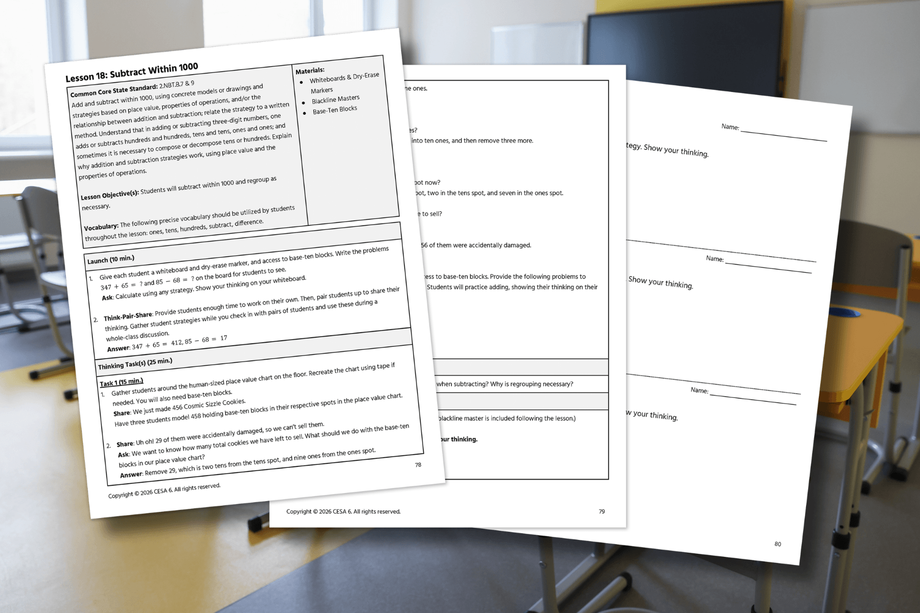 Two pages of a math lesson plan titled "Subtract Within 1000" overlap against a blurred classroom background. The detailed pages outline objectives, materials, and exercises.