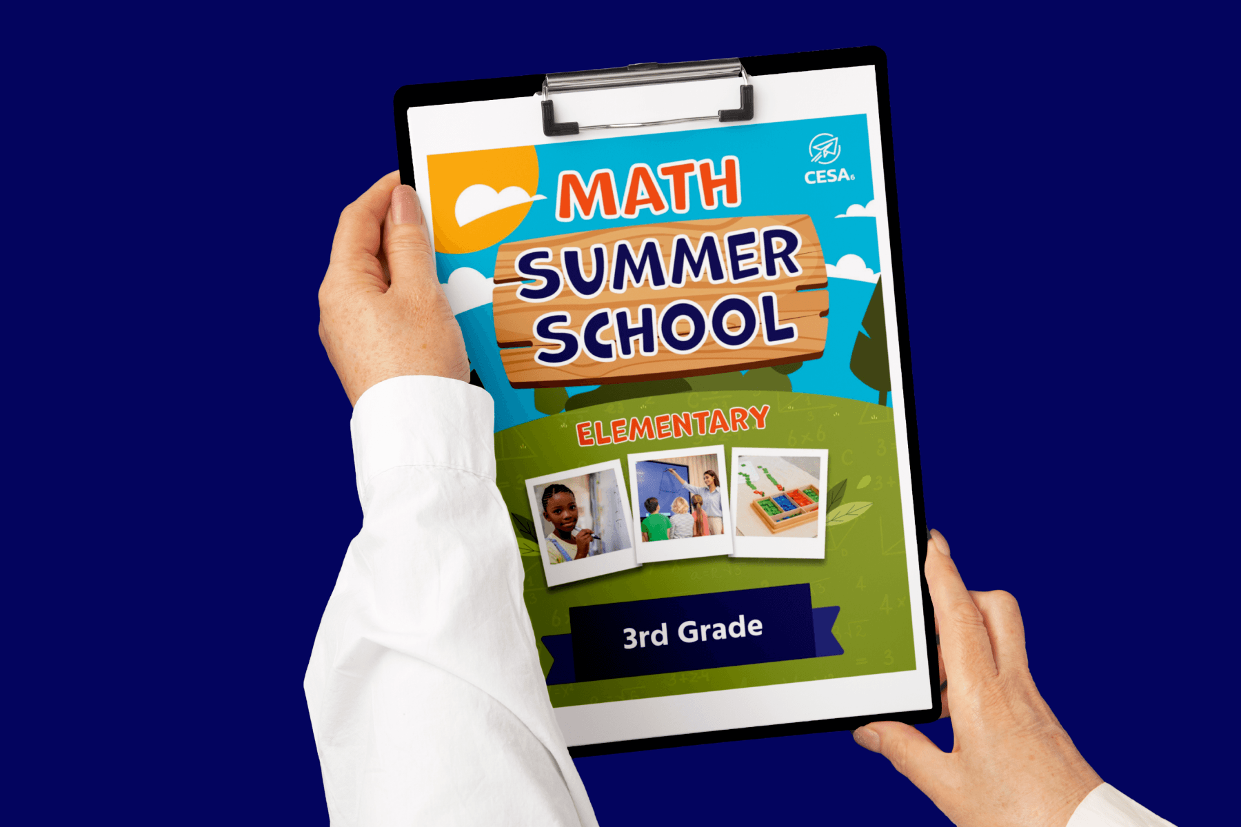 A person holds a colorful print for a "Math Summer School" program. The design includes text for elementary 3rd grade and cheerful visuals of students.