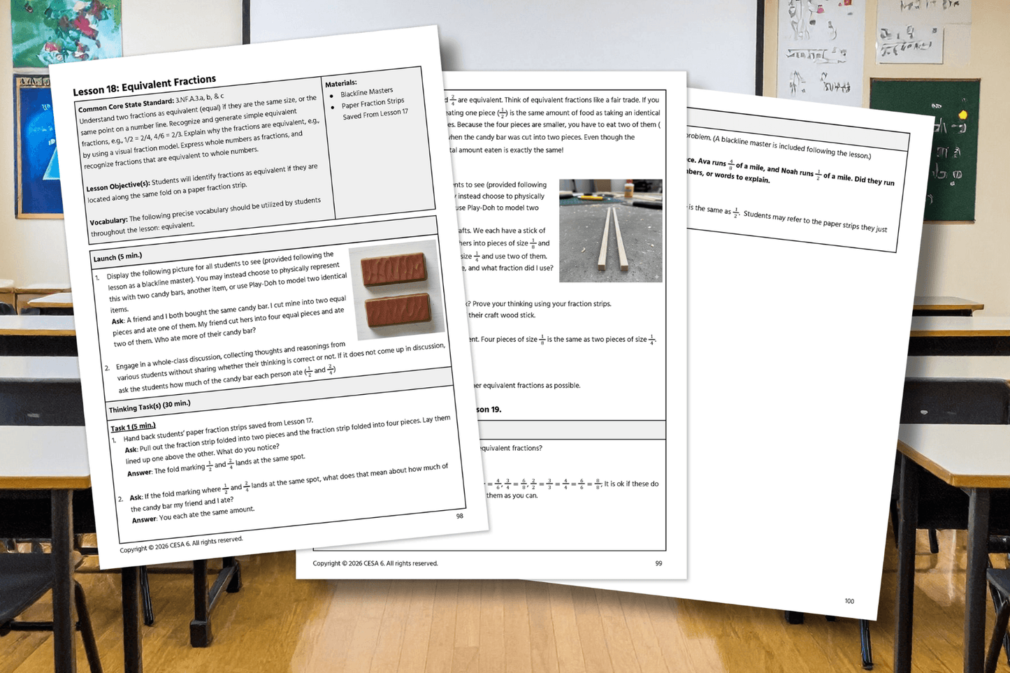 A classroom scene with math worksheets on equivalent fractions. Pages show text, images of chocolate bars, and fraction strips. Educational setting.