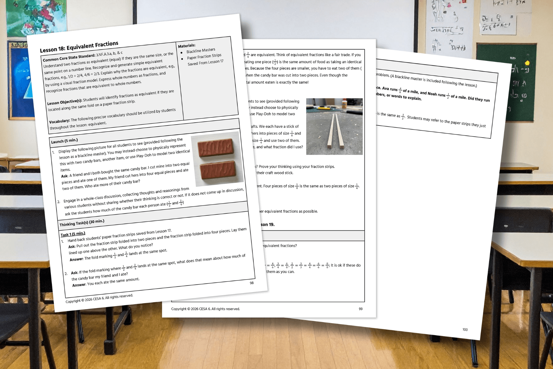 A classroom scene with math worksheets on equivalent fractions. Pages show text, images of chocolate bars, and fraction strips. Educational setting.